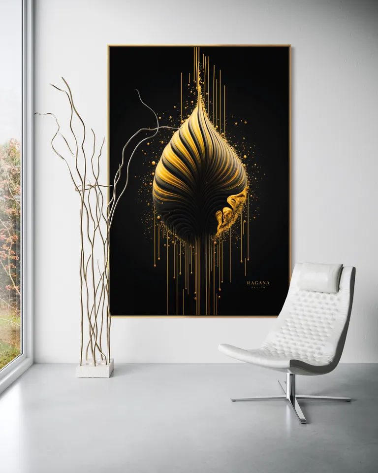 The Gilded Monolith as a framed print on a white wall – gold wall art, golden spiral art print by RAGANA Design