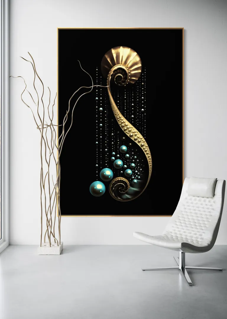 The Gilded Pendulum as a framed print on a white wall – gold wall art, golden spiral art print by RAGANA Design
