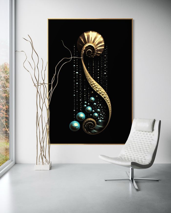 白い壁に額装したThe Gilded Pendulum – RAGANA Designのゴールド ウォールアート・黄金螺旋 アートプリント