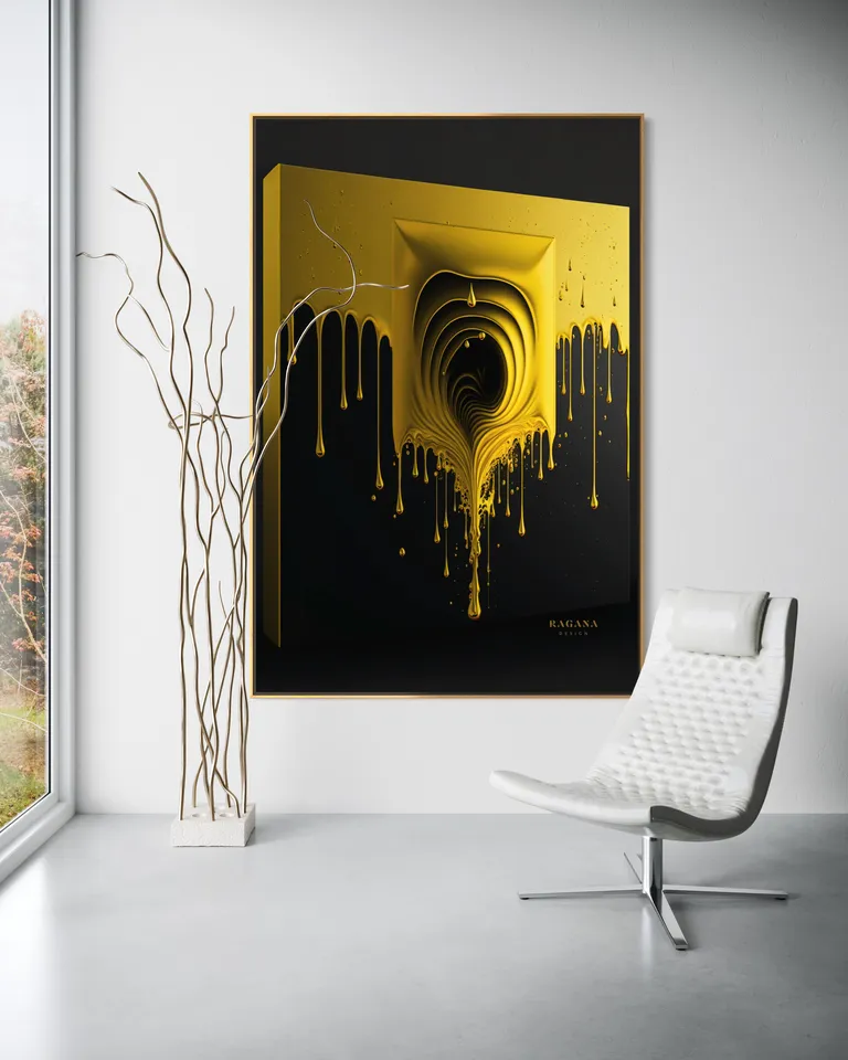 The Gilded Portal as a framed print on a white wall – gold wall art, golden spiral art print by RAGANA Design