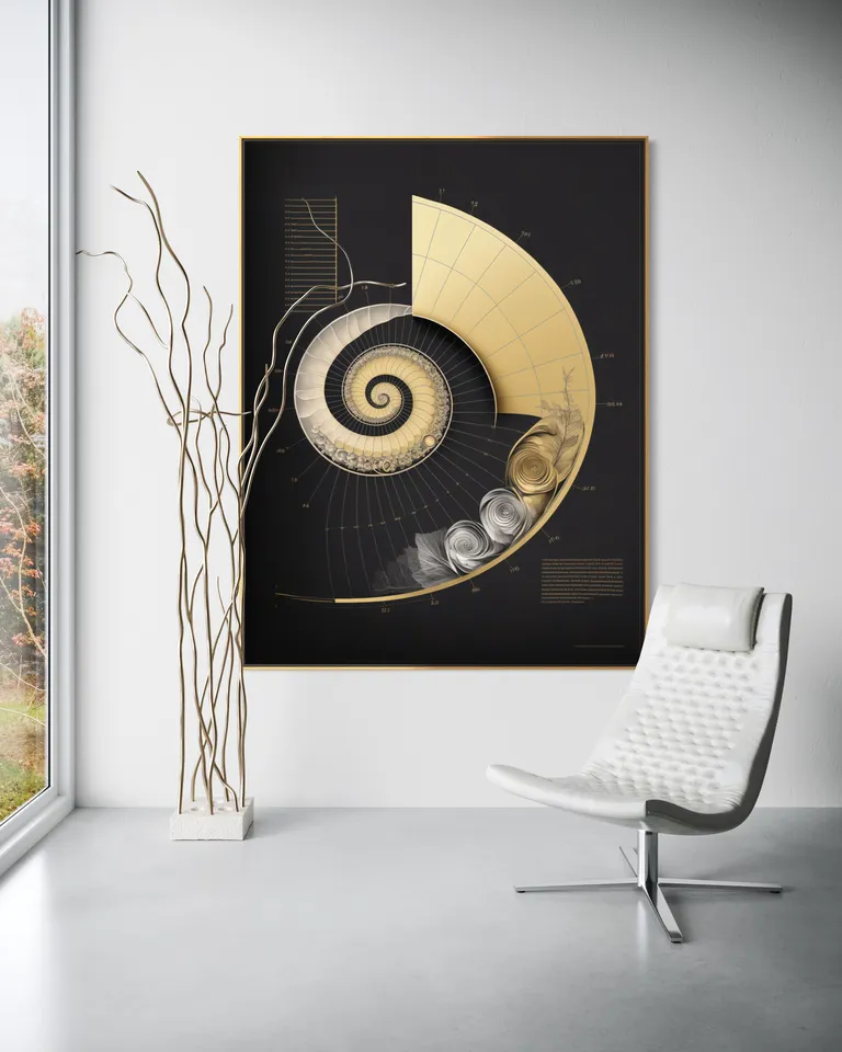 The Gilded Resonance Ledger as a framed print on a white wall – music notes wall art, Fibonacci sheet music print by RAGANA Design