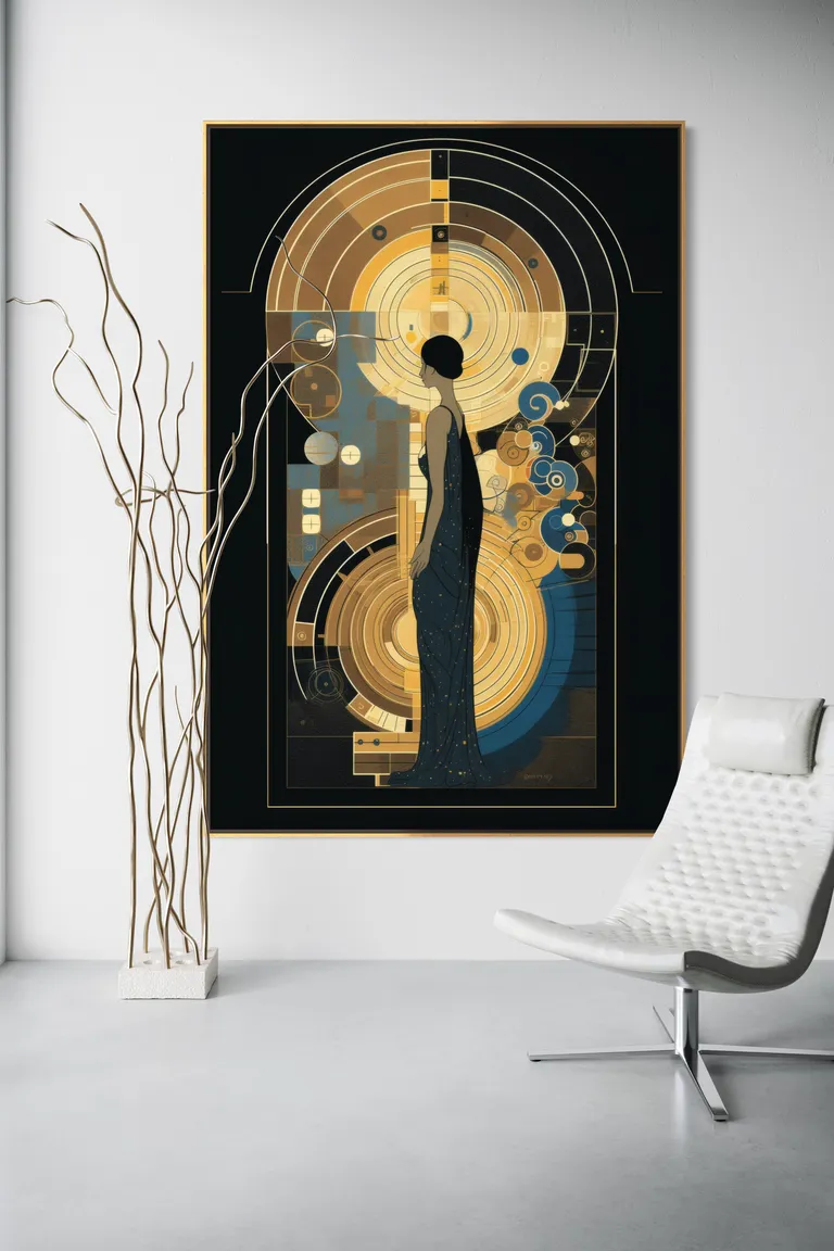 The Gilded Silhouette as a framed print on a white wall – Art Deco wall art, Klimt style gold print by RAGANA Design