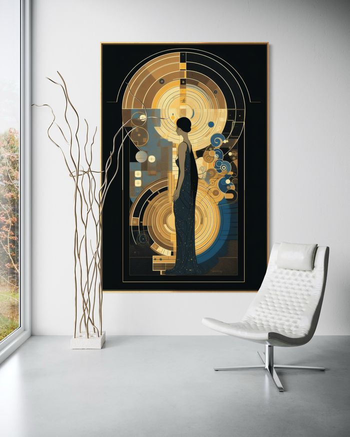 The Gilded Silhouette as a framed print on a white wall – Art Deco wall art, Klimt style gold print by RAGANA Design