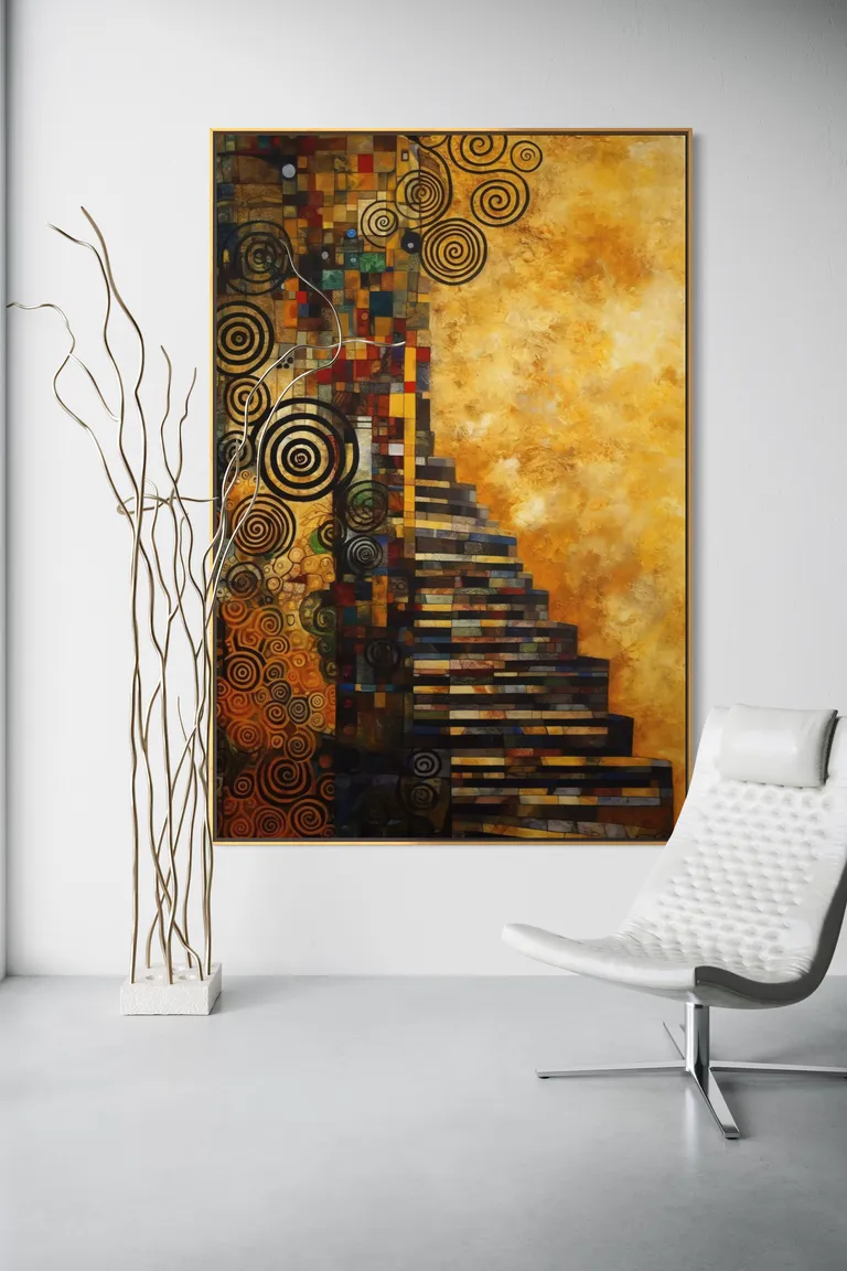 The Golden Descent as a framed print on a white wall – Klimt style gold wall art, Art Nouveau print by RAGANA Design