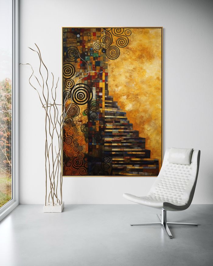 The Golden Descent as a framed print on a white wall – Klimt style gold wall art, Art Nouveau print by RAGANA Design