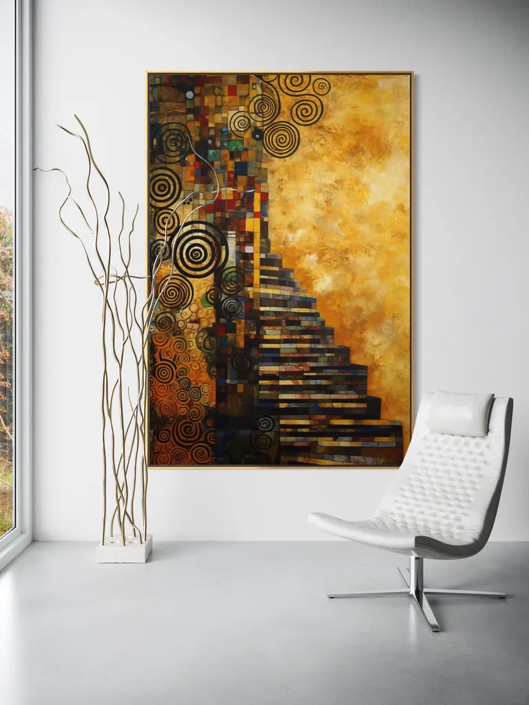 The Golden Descent as a framed print on a white wall – Klimt style gold wall art, Art Nouveau print by RAGANA Design