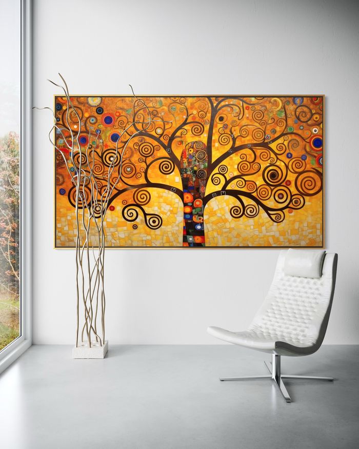 The Golden Tree of Life as a framed print on a white wall – Klimt style tree of life print, gold wall art by RAGANA Design