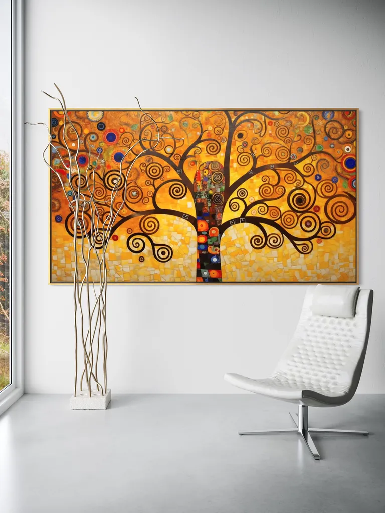 The Golden Tree of Life as a framed print on a white wall – Klimt style tree of life print, gold wall art by RAGANA Design