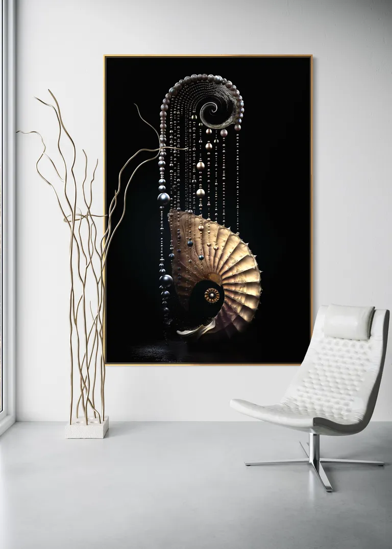 The Guardian Spire as a framed print on a white wall – pearl wall art, nautilus shell print by RAGANA Design