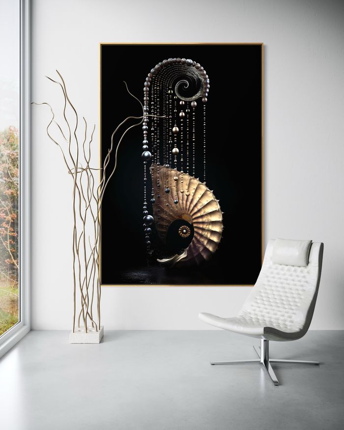 The Guardian Spire as a framed print on a white wall – pearl wall art, nautilus shell print by RAGANA Design