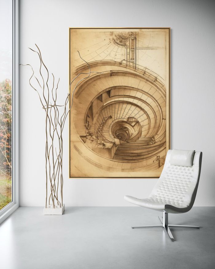 The Helical Vault as a framed print on a white wall – golden ratio poster, Da Vinci style nautilus print by RAGANA Design