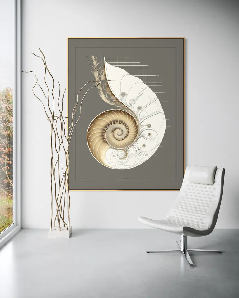 The Imperial Nautical Schematic as a framed print on a white wall – Blueprint art print, Fibonacci spiral wall art by RAGANA Design