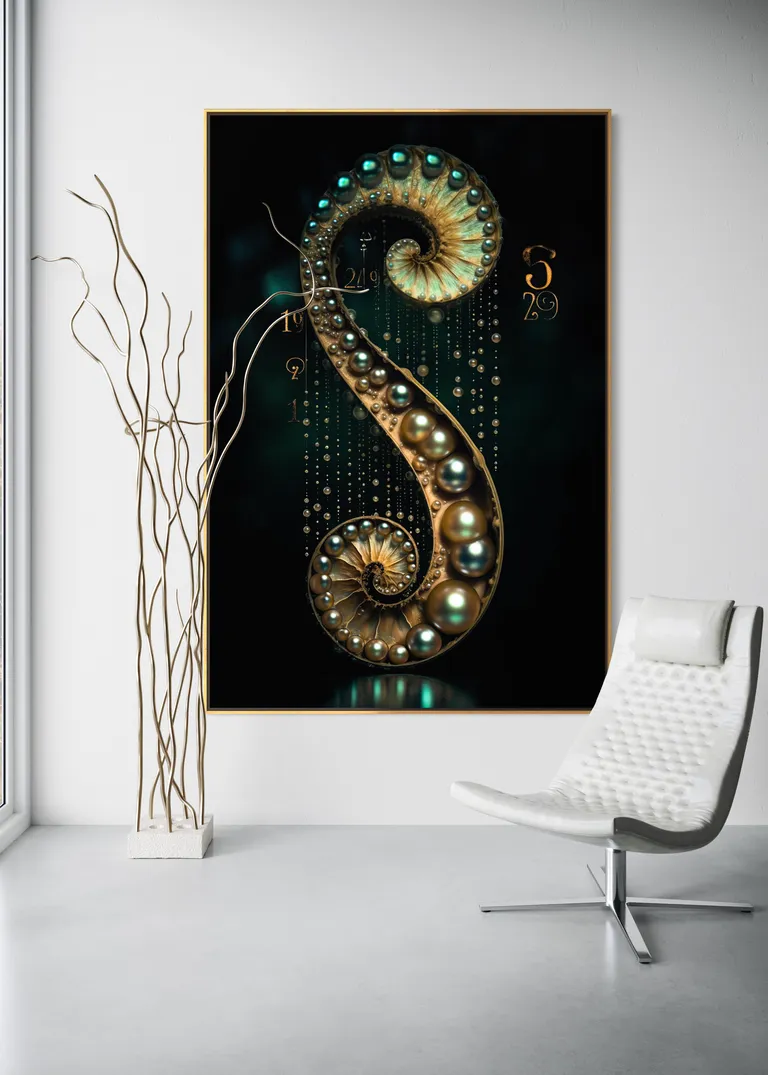 The Infinite Anchor as a framed print on a white wall – pearl wall art, nautilus shell print by RAGANA Design