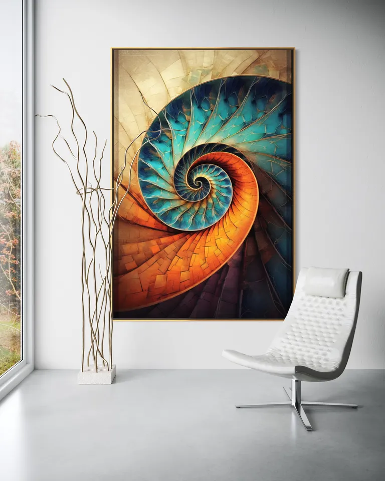 The Iridescent Pulse of Gaia as a framed print on a white wall – colourful geometric wall art, golden spiral print by RAGANA Design