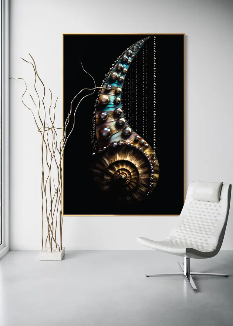 The Ivory Nautilus as a framed print on a white wall – pearl wall art, nautilus shell print by RAGANA Design