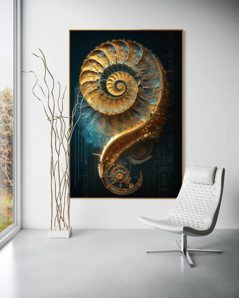 The Luminous Nautilus as a framed print on a white wall – nautilus shell art, shell wall art print by RAGANA Design