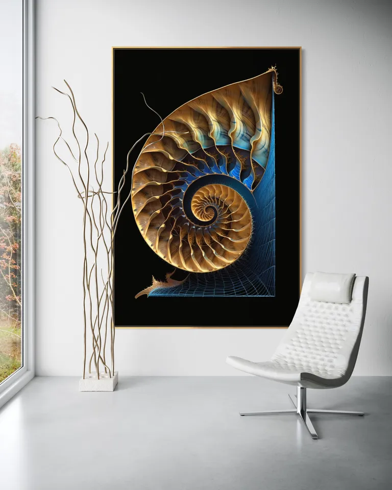 The Luminous Vortex as a framed print on a white wall – nautilus shell art, shell wall art print by RAGANA Design