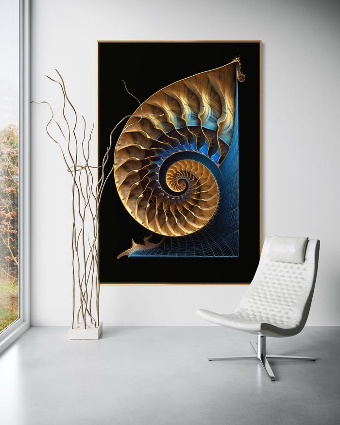 The Luminous Vortex como impressão emoldurada numa parede branca – quadro concha nautilus, impressão de parede por RAGANA Design