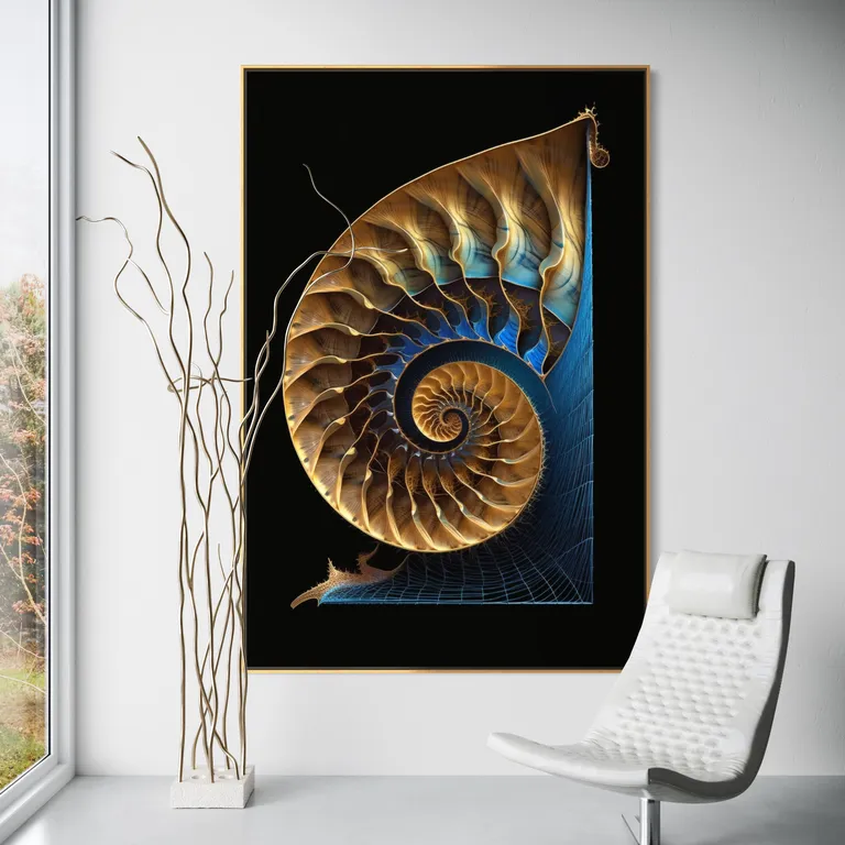 Gold Colorful Fibonacci II as a framed print on a white wall – nautilus shell art, shell wall art print by RAGANA Design