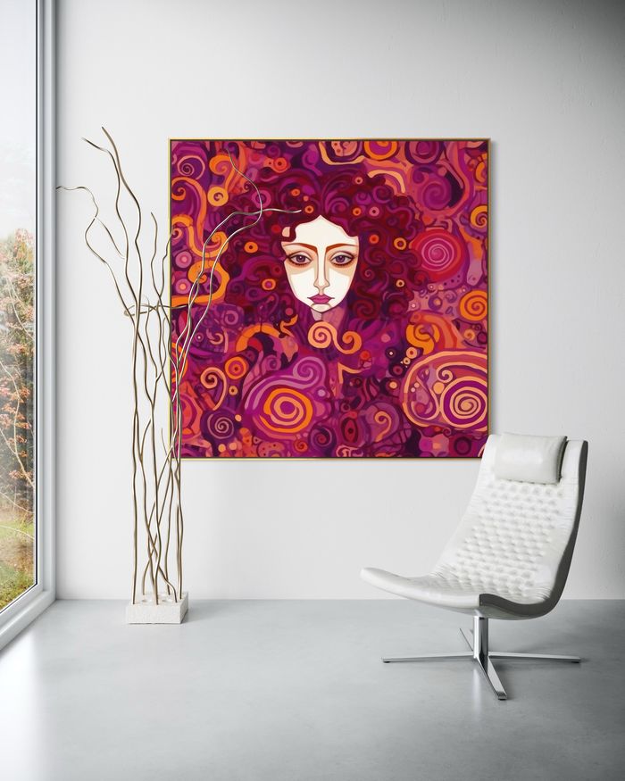 The Magenta Muse as a framed print on a white wall – Klimt style gold wall art, Art Nouveau print by RAGANA Design