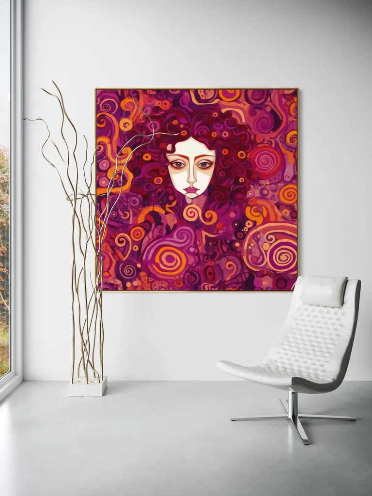 The Magenta Muse as a framed print on a white wall – Klimt style gold wall art, Art Nouveau print by RAGANA Design