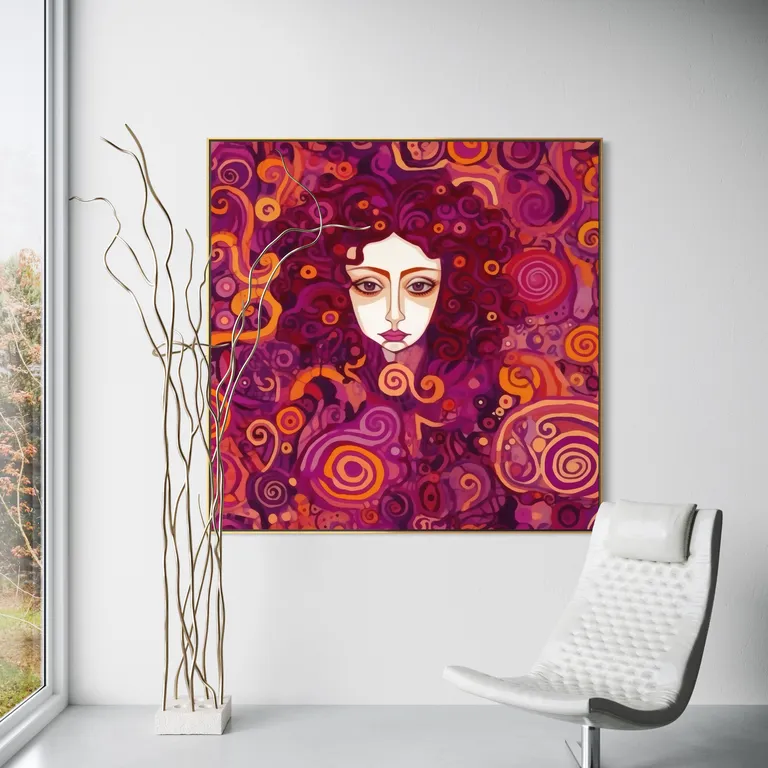 The Magenta Muse as a framed print on a white wall – Klimt style gold wall art, Art Nouveau print by RAGANA Design