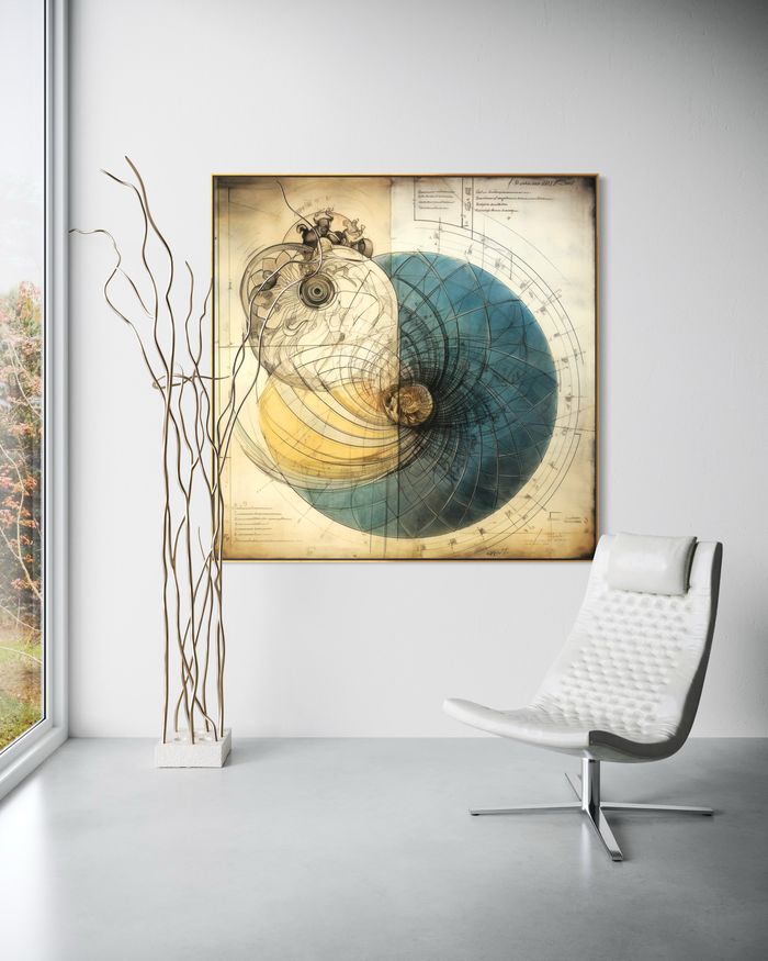 The Meridian Shell as a framed print on a white wall – golden ratio poster, Da Vinci style nautilus print by RAGANA Design