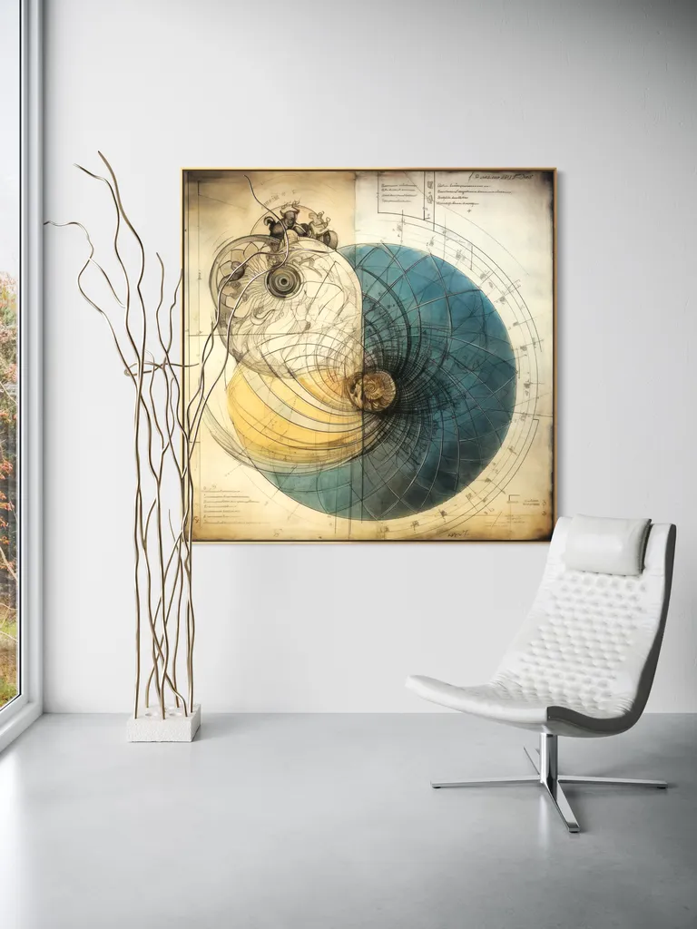 The Meridian Shell as a framed print on a white wall – golden ratio poster, Da Vinci style nautilus print by RAGANA Design
