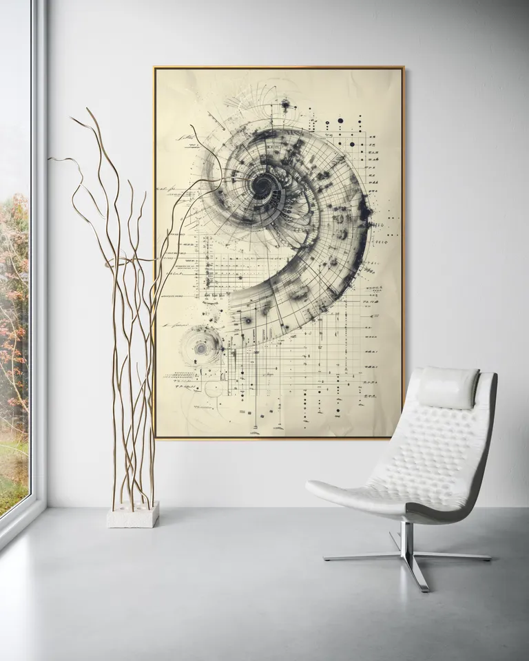 The Monochrome Matrix of Creation as a framed print on a white wall – Blueprint art print, Fibonacci spiral wall art by RAGANA Design
