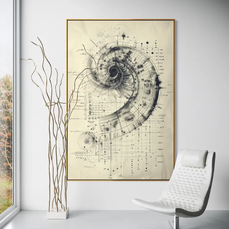 Blueprint Fibonacci II as a framed print on a white wall – Blueprint art print, Fibonacci spiral wall art by RAGANA Design