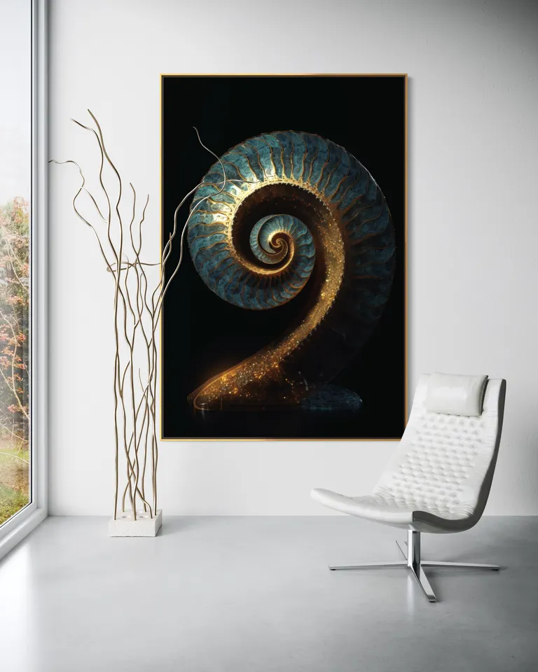 The Monolith of Golden Resonance as a framed print on a white wall – gold wall art, golden spiral art print by RAGANA Design