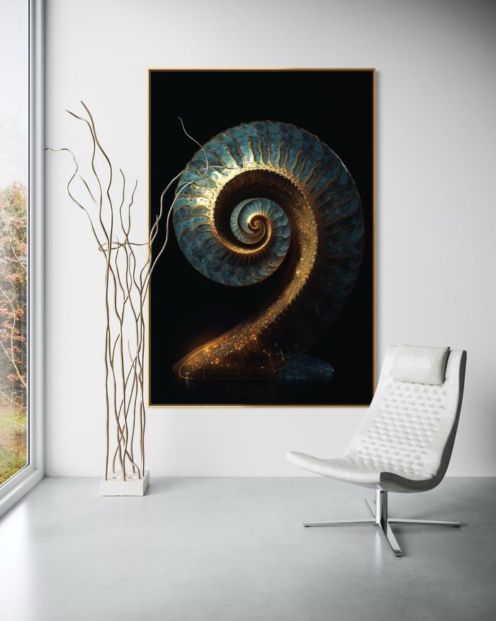 白い壁に額装したThe Monolith of Golden Resonance – RAGANA Designのゴールド ウォールアート・黄金螺旋 アートプリント