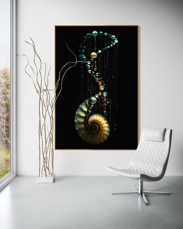 白い壁に額装したThe Nautilus Cipher – RAGANA Designのパール ウォールアート・オウムガイ プリント