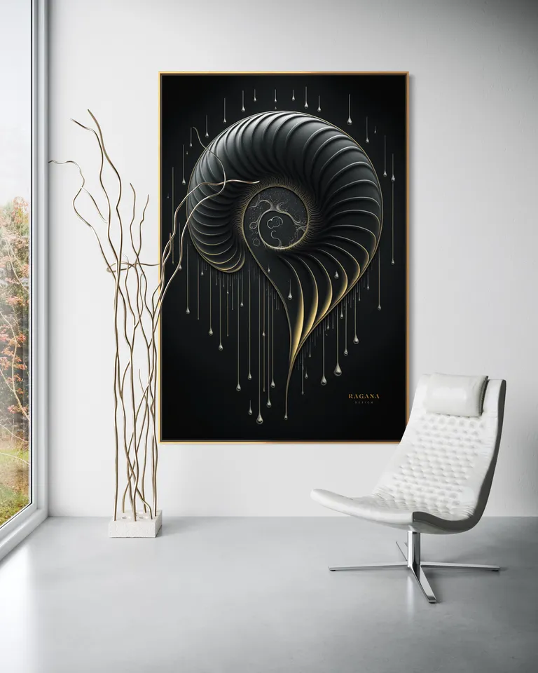 The Obsidian Rain as a framed print on a white wall – nautilus shell art, shell wall art print by RAGANA Design