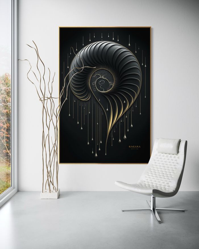 The Obsidian Rain as a framed print on a white wall – nautilus shell art, shell wall art print by RAGANA Design