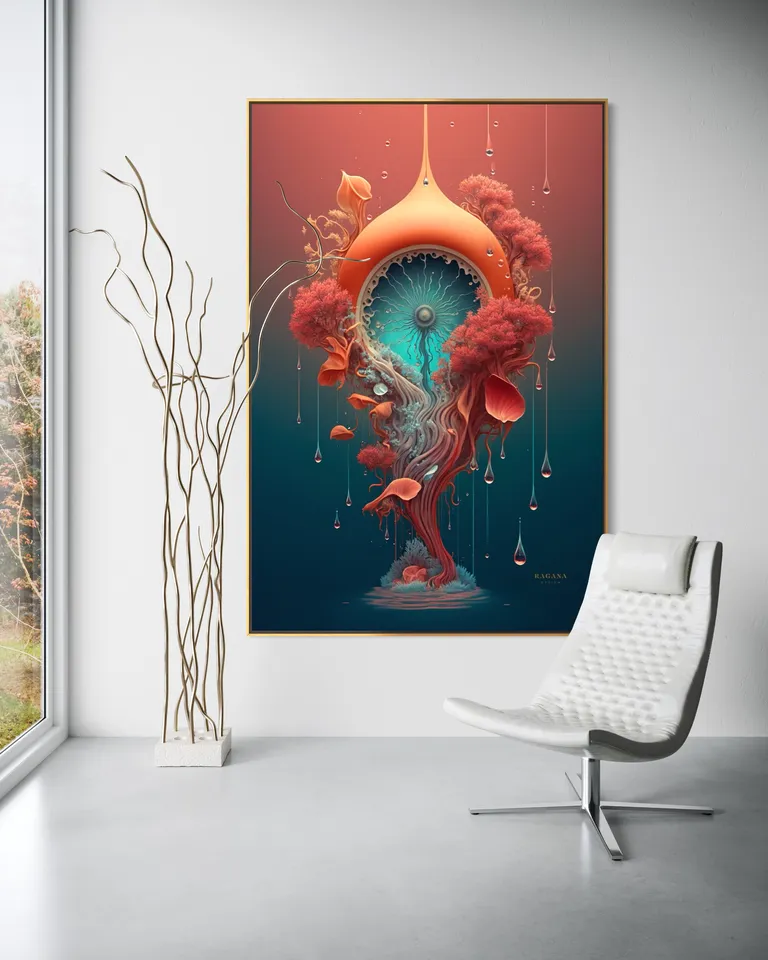 The Ocular Seed of Vitality as a framed print on a white wall – surreal wall art, golden spiral print by RAGANA Design