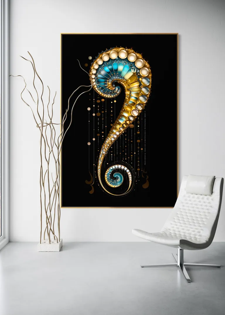 The Oracle's Curve as a framed print on a white wall – pearl wall art, nautilus shell print by RAGANA Design