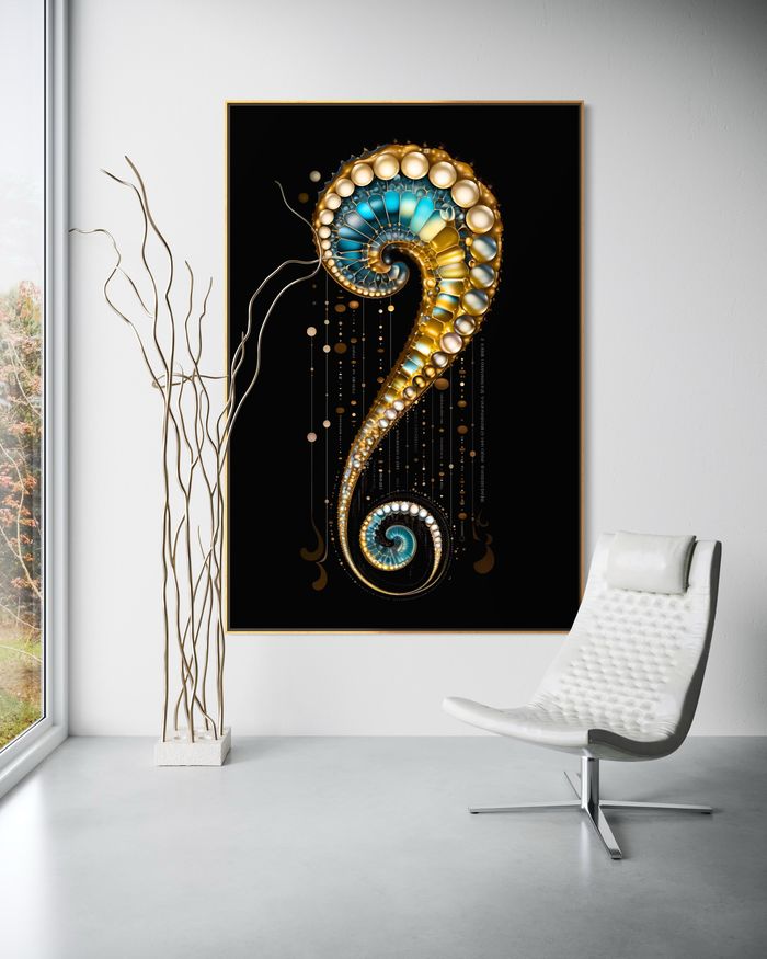 The Oracle's Curve as a framed print on a white wall – pearl wall art, nautilus shell print by RAGANA Design