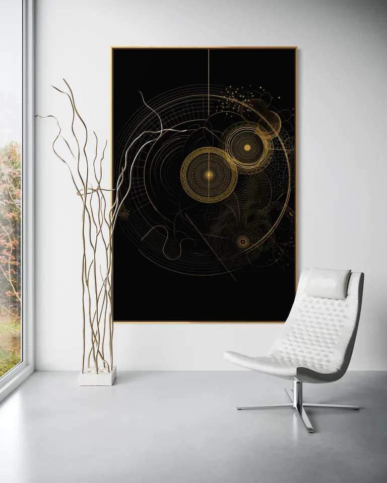 The Orbital Weaver as a framed print on a white wall – gold wall art, golden spiral art print by RAGANA Design