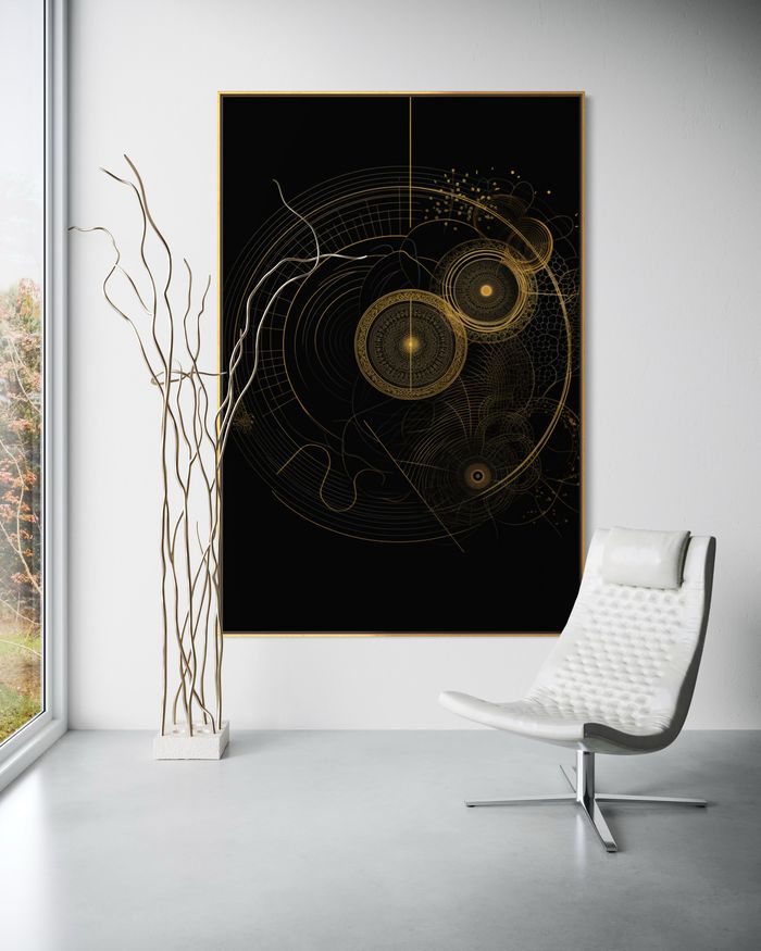 The Orbital Weaver come stampa incorniciata su una parete bianca – quadro oro, stampa spirale aurea di RAGANA Design
