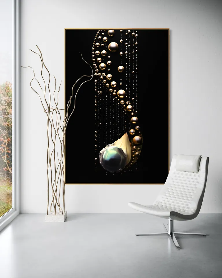 The Gilded Ascent II as a framed print on a white wall – pearl wall art, nautilus shell print by RAGANA Design