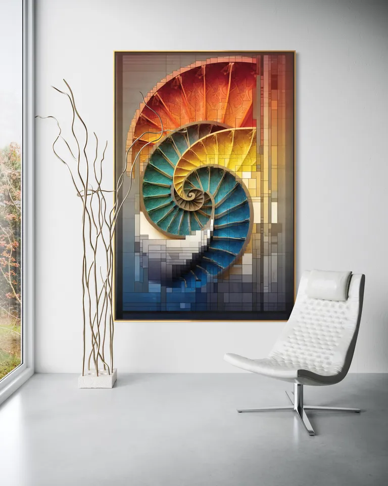 The Prismatic Ascent of Order as a framed print on a white wall – colourful geometric wall art, golden spiral print by RAGANA Design