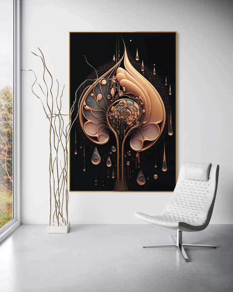 The Rose Gold Chrysalis as a framed print on a white wall – gold wall art, golden spiral art print by RAGANA Design