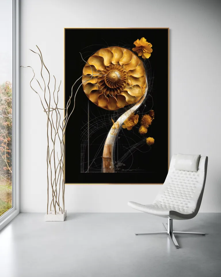 The Solar Blueprint of Growth as a framed print on a white wall – nautilus shell art, shell wall art print by RAGANA Design