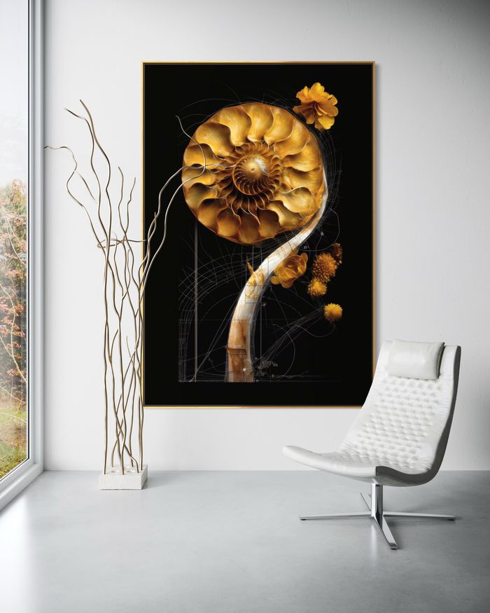 The Solar Blueprint of Growth como impressão emoldurada numa parede branca – quadro concha nautilus, impressão de parede por RAGANA Design