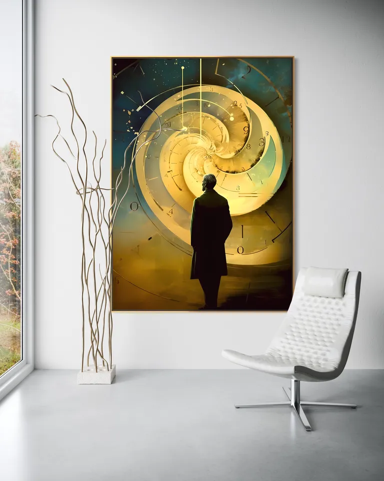 The Sovereign Chronometer as a framed print on a white wall – gold wall art, golden spiral art print by RAGANA Design