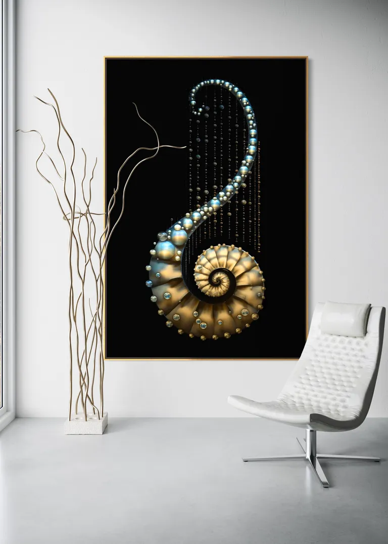 The Sovereign Hook as a framed print on a white wall – pearl wall art, nautilus shell print by RAGANA Design