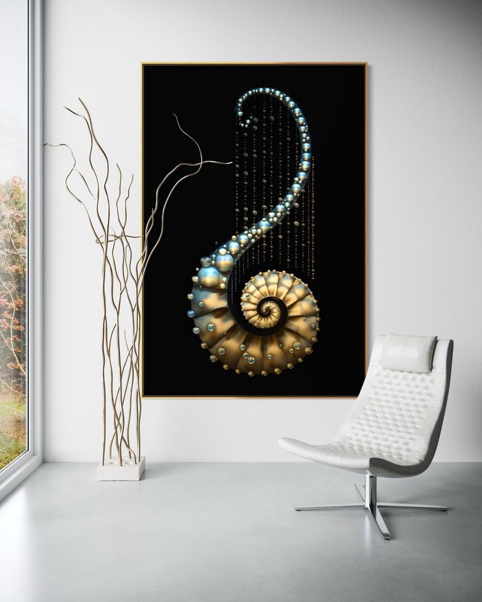 The Sovereign Hook as a framed print on a white wall – pearl wall art, nautilus shell print by RAGANA Design