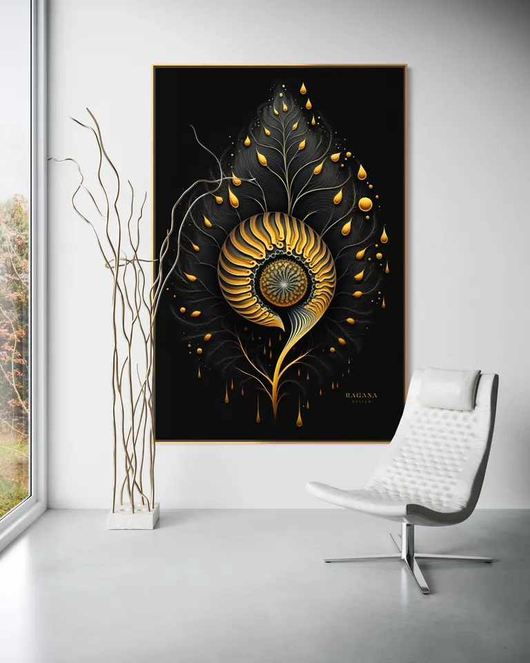 The Sovereign Seed as a framed print on a white wall – gold wall art, golden spiral art print by RAGANA Design