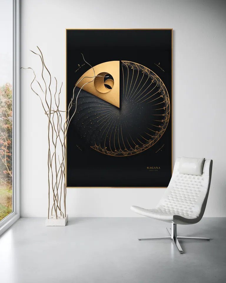 The Sovereign Sundial as a framed print on a white wall – gold wall art, golden spiral art print by RAGANA Design